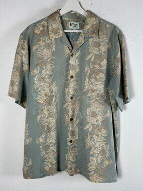Vintage Silk Mem Floral Hawaiian Shirt Medium Green Beige Button-Up Short Sleeve